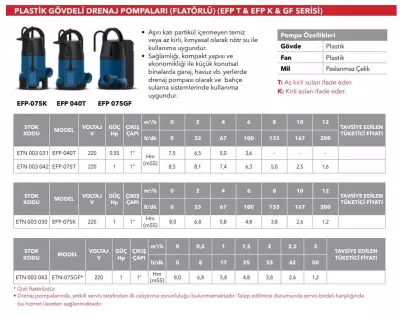 EFP-075T Plastik Gövdeli Monofaze Dalgıç Drenaj Pompası – Flatörlü (Az Kirli Su Pompası) - 2