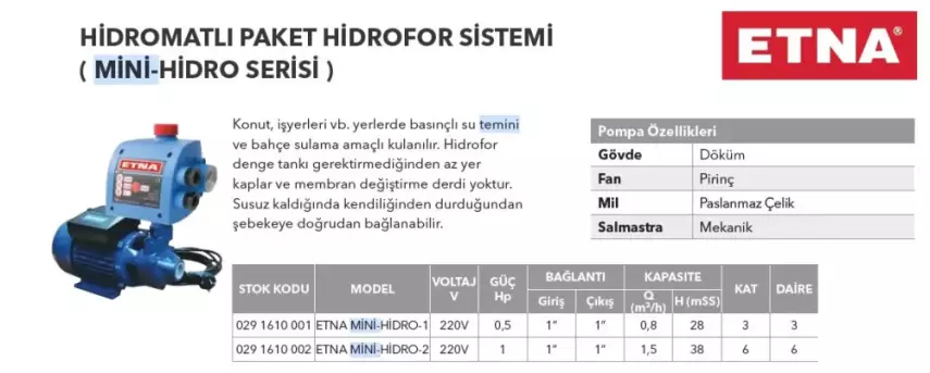 ETNA MİNİ-HİDRO-1 Hidromatlı Paket Hidrofor – 2 Kat / 4 Daire Kapasiteli - 2