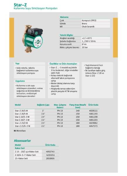 Wilo Star Z 20/5-3M Bronz Gövdeli Re-Sirkülasyon Pompası (¾