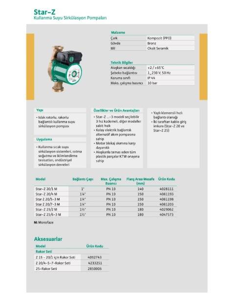 Wilo Star Z 20/7-3M Bronz Gövdeli Re-Sirkülasyon Pompası (¾